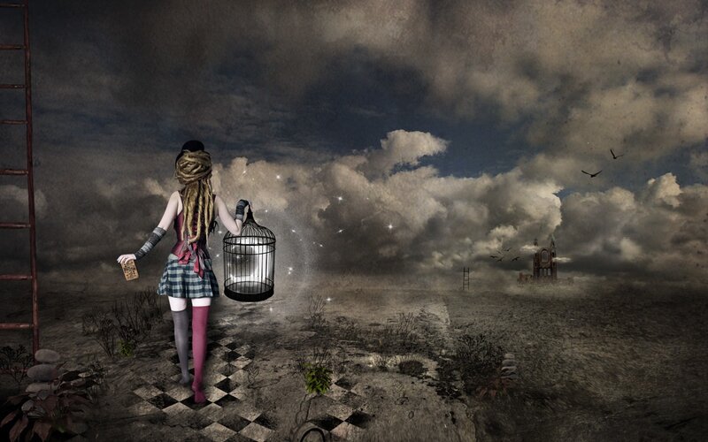 woman with birdcage in desolate landscape