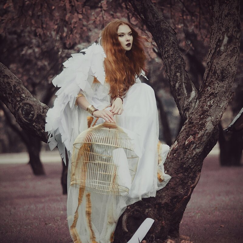Woman with Birdcage — White, Dramatic, Photograph