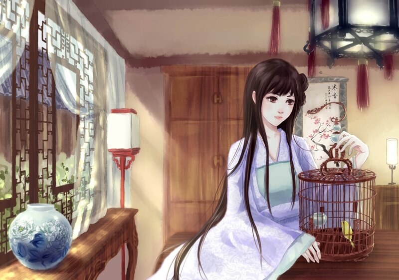 Woman with Birdcage — White, Serene