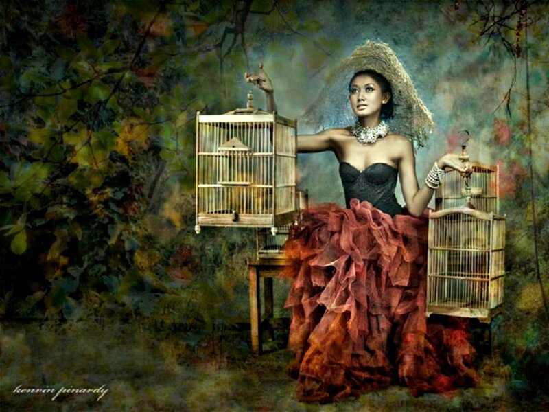 Woman with Birdcages — Red
