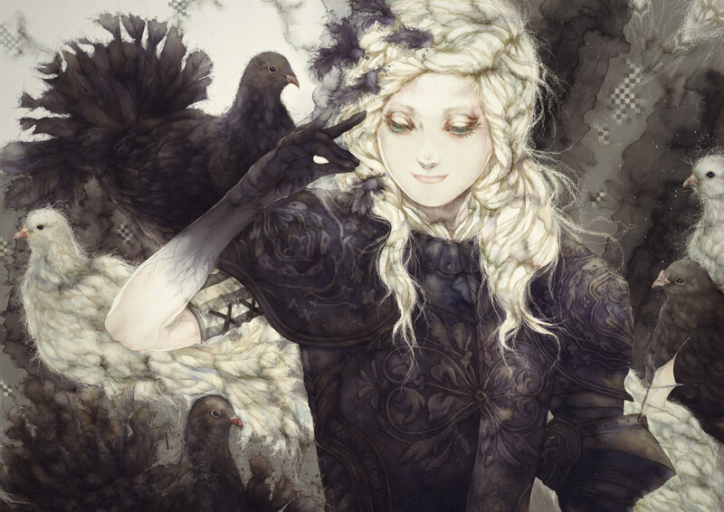 woman with birds and armor