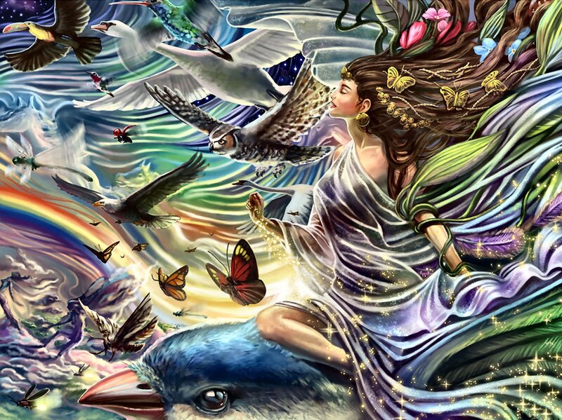 Woman with Birds and Butterflies — Purple