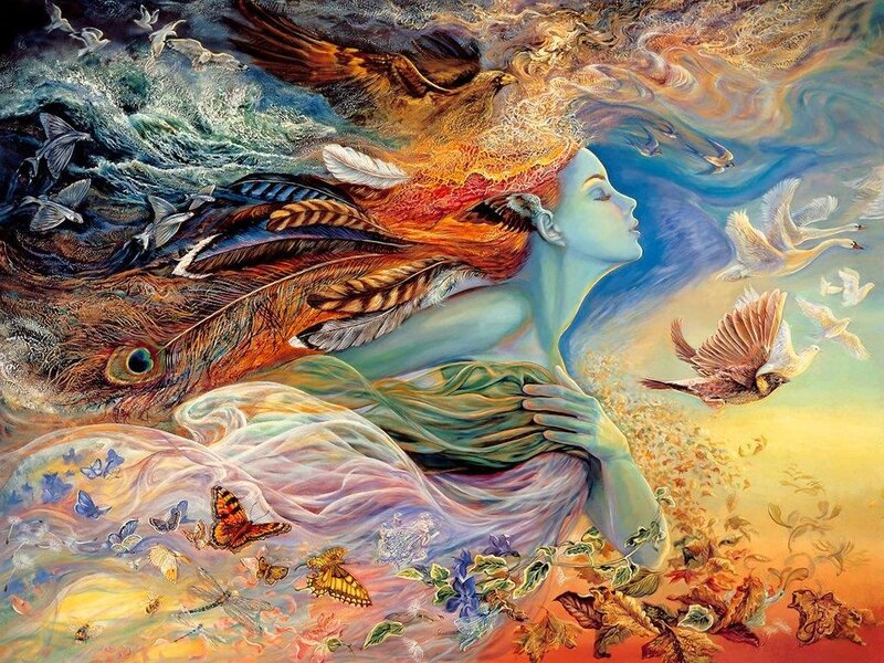 woman with birds and feathers