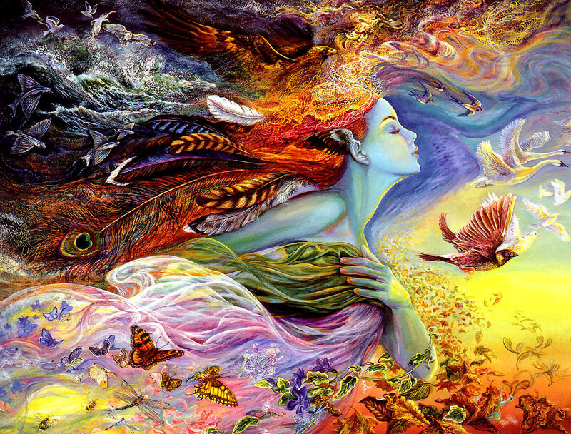 woman with birds and feathers