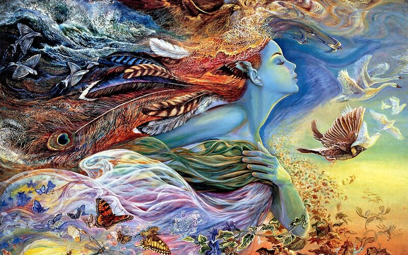 woman with birds and feathers