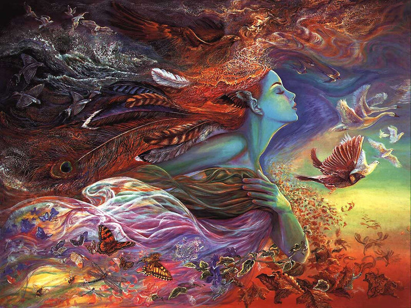 woman with birds and feathers