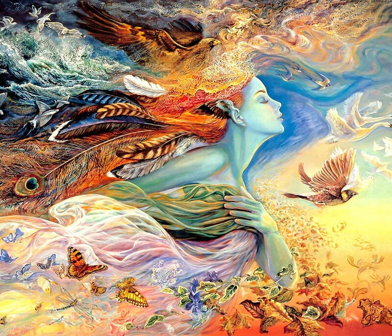 Woman with Birds and Feathers — Blue