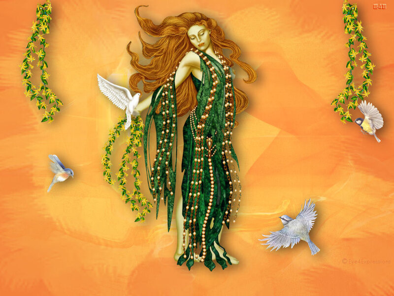 woman with birds and flowers