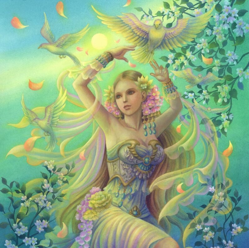 Woman with Birds and Flowers — Green, Serene, Morning