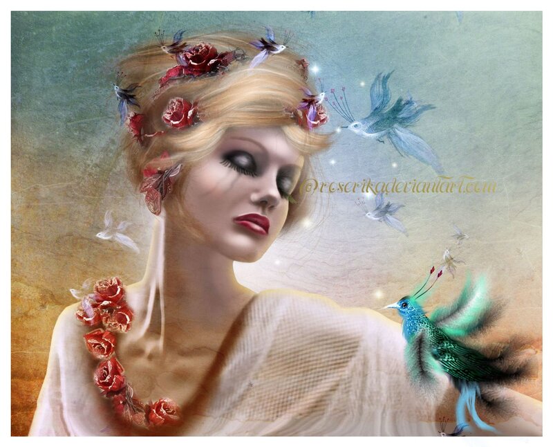 Woman with Birds and Flowers — White