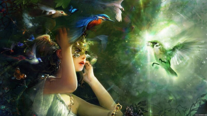 woman with birds and mask