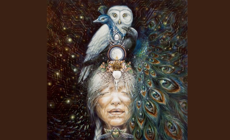 woman with birds and peacock feathers