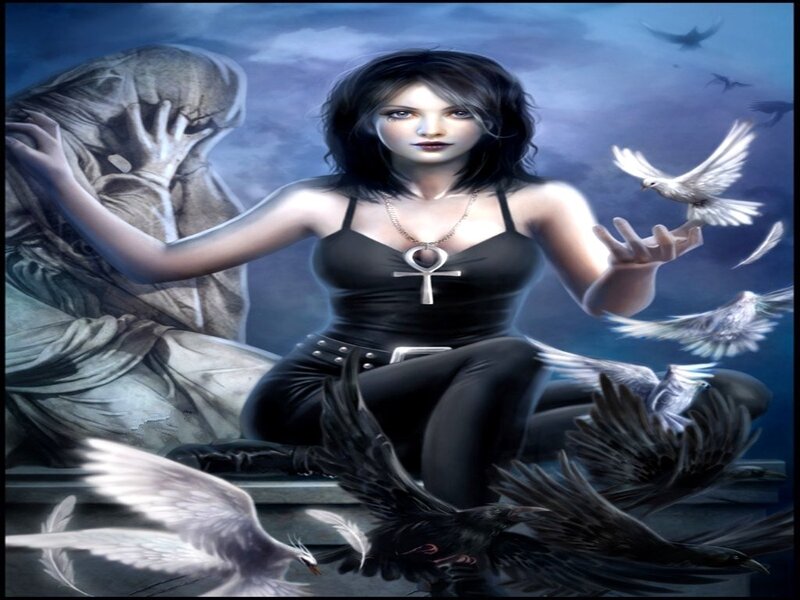 woman with birds and statue