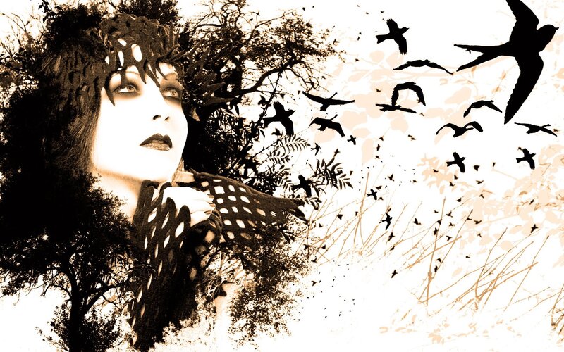 woman with birds and trees