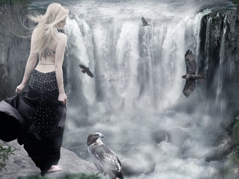 Woman with Birds at Waterfall