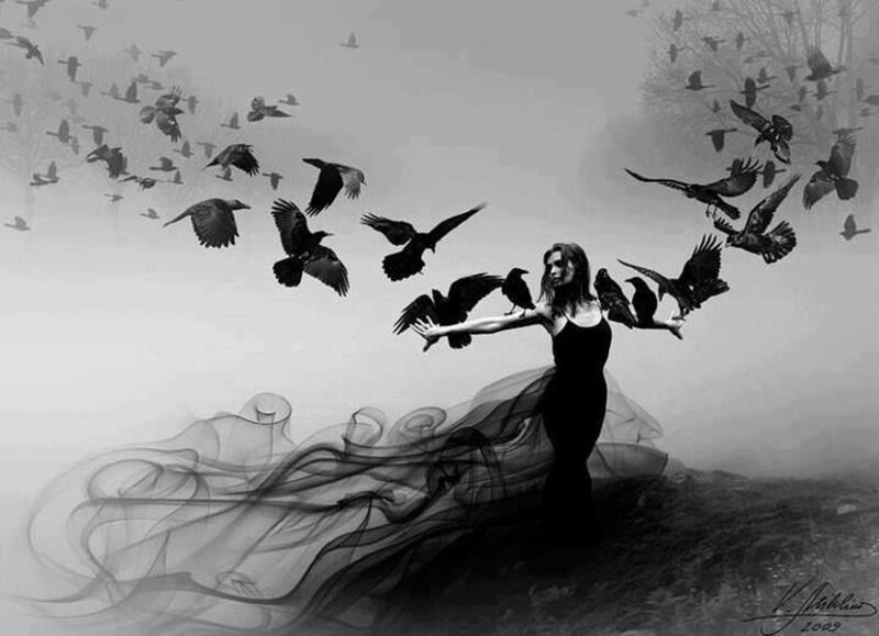 Woman with Birds — Black, Dramatic, Digital Art