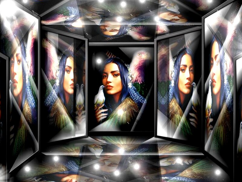 Woman with Birds — Blue, Dramatic, Digital Art