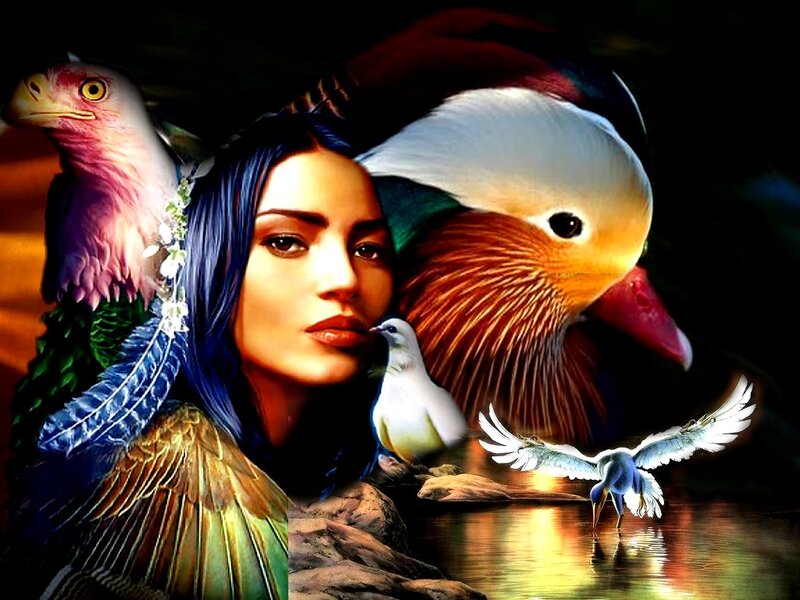 Woman with Birds — Blue, Dramatic, Sunset