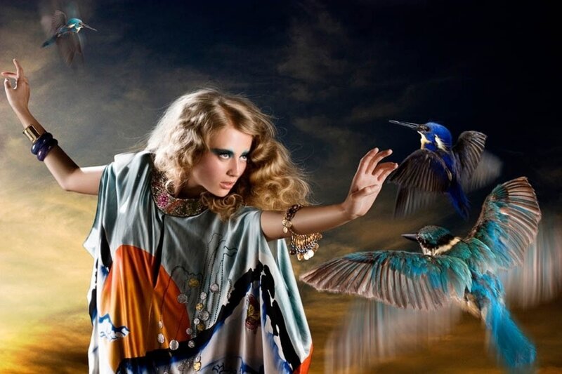 Woman with Birds — Blue