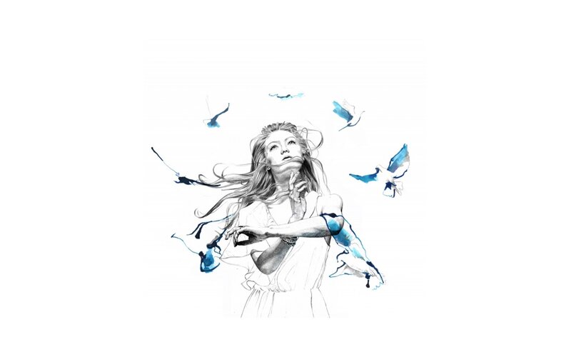 woman with birds flying around