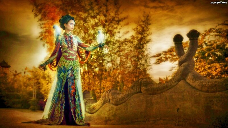 Woman with Birds — Gold, Dramatic