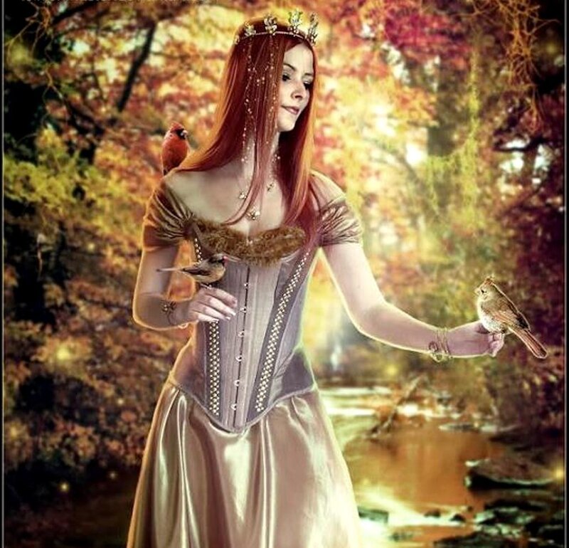 Woman with Birds — Gold, Serene