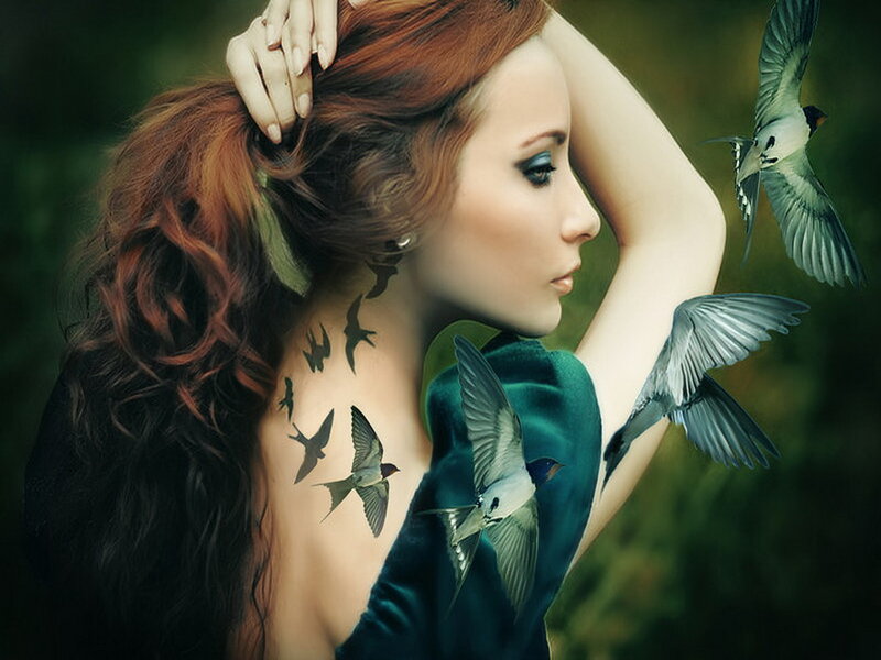 Woman with Birds — Green, Serene, Digital Art, Tattoos