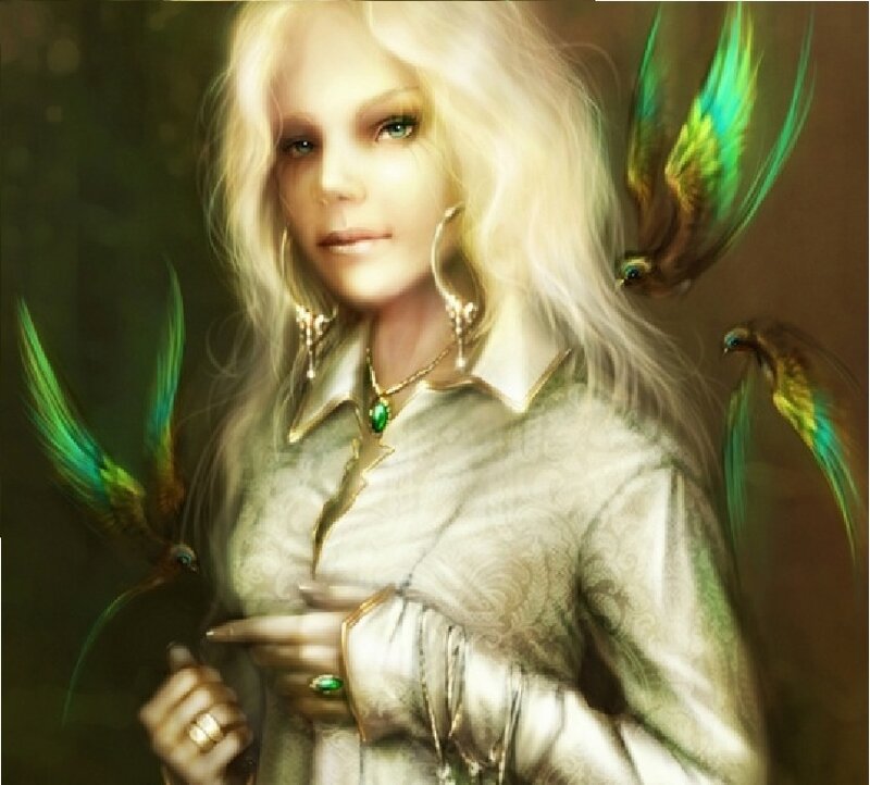 Woman with Birds — Green, Serene