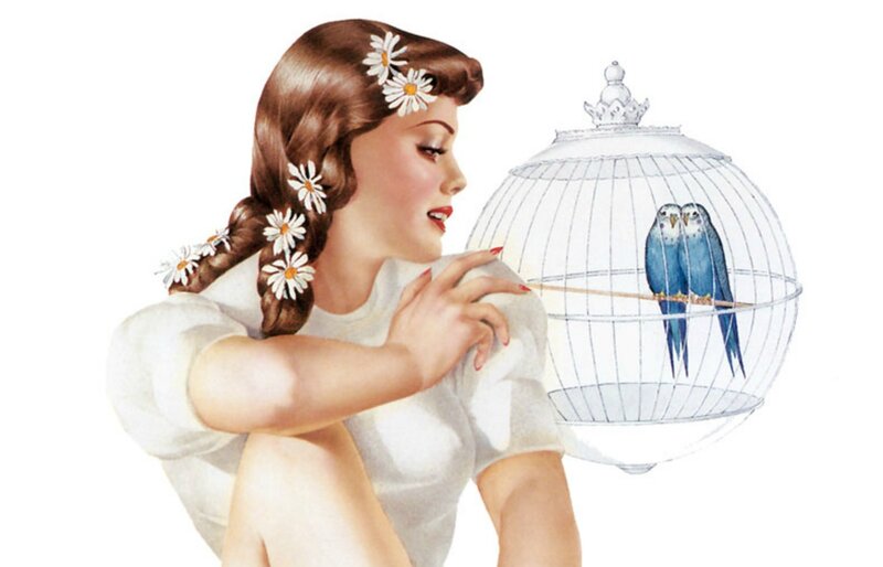 Woman with Birds in Cage — White