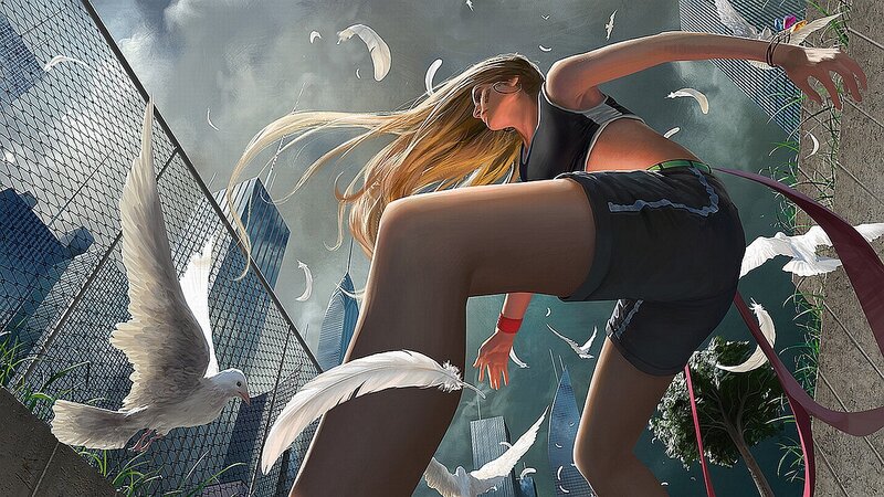 woman with birds in city