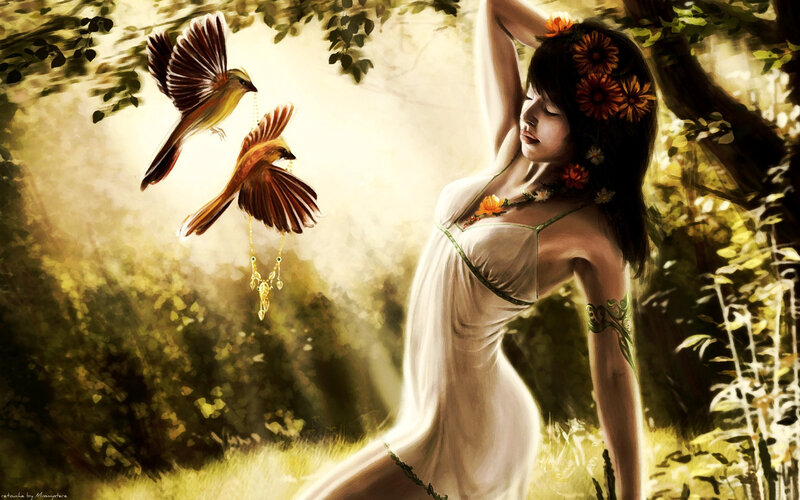 woman with birds in forest