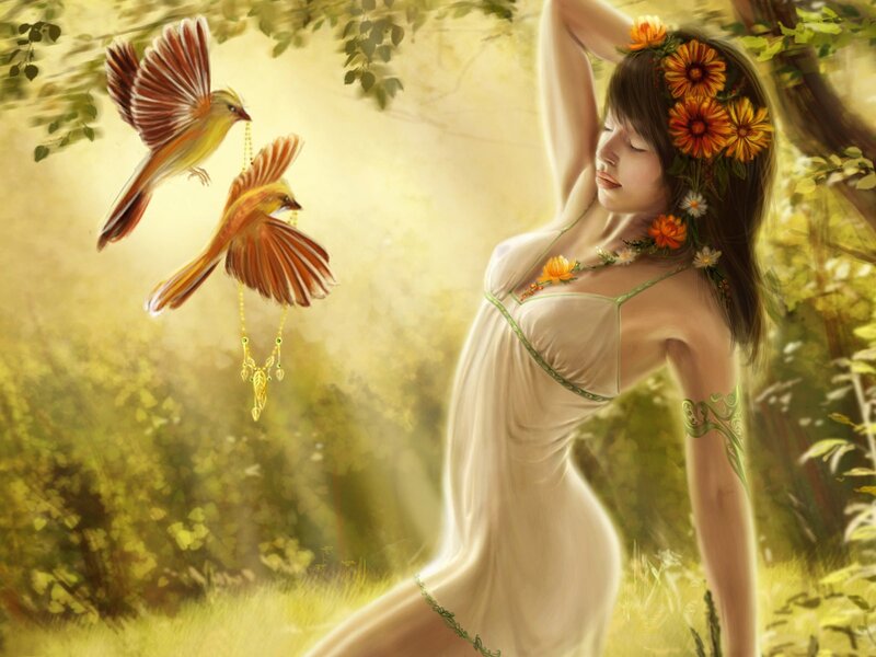 woman with birds in forest