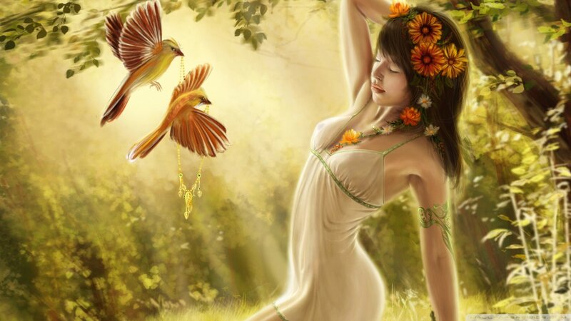 woman with birds in forest