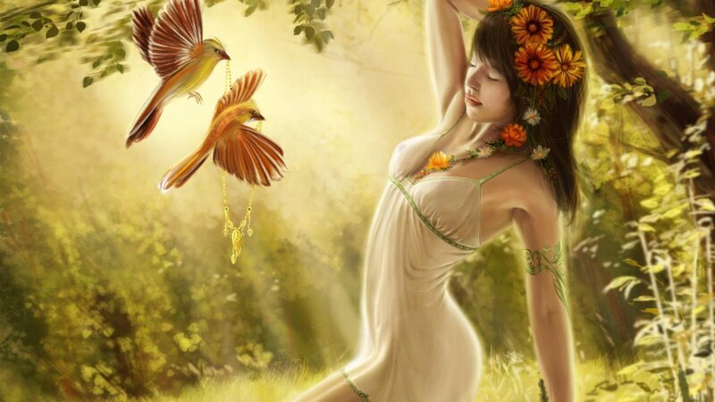 woman with birds in forest