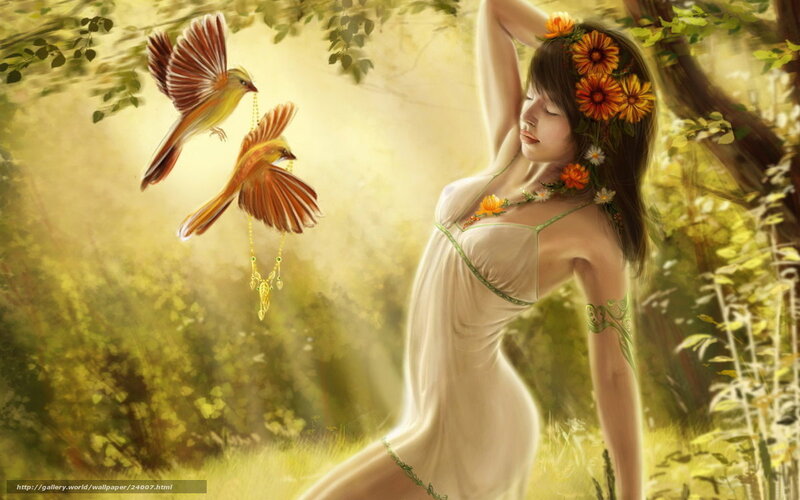 woman with birds in forest