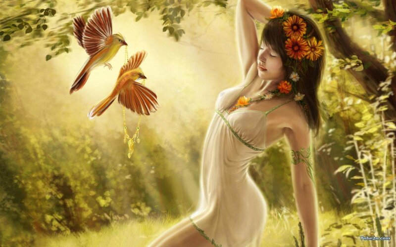 woman with birds in forest