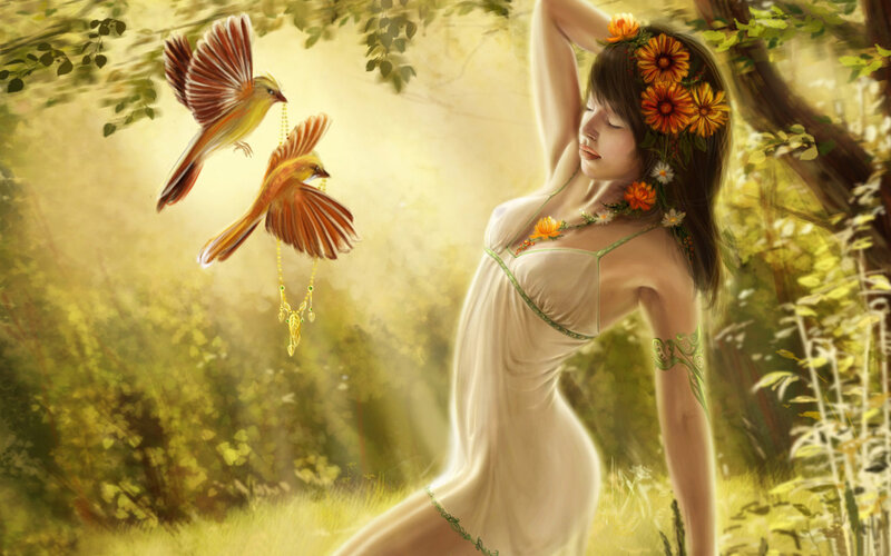 woman with birds in forest