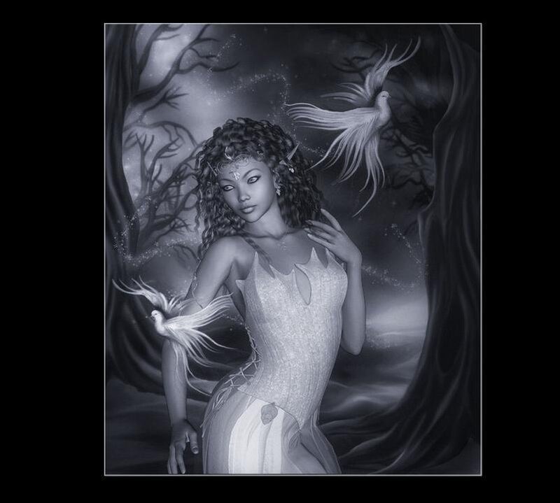 woman with birds in forest