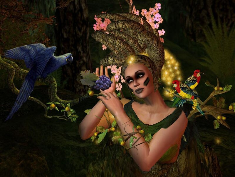 woman with birds in forest