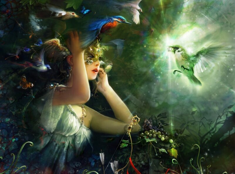 woman with birds in forest