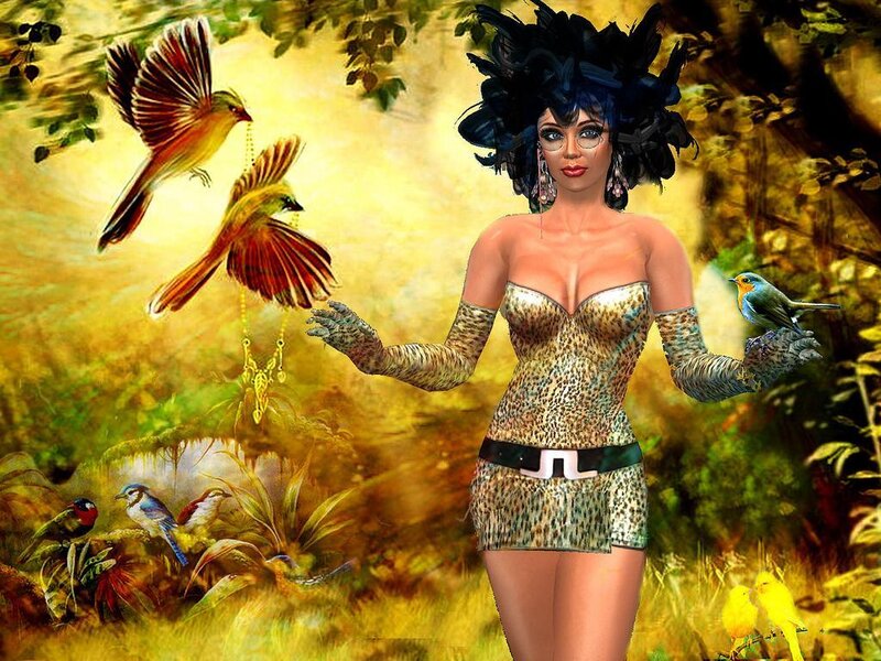 woman with birds in forest