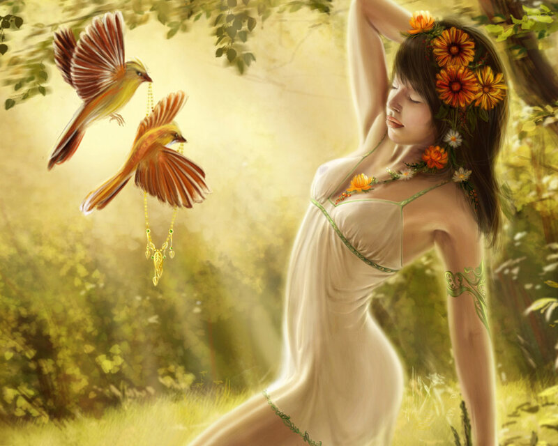 Woman with birds in forest