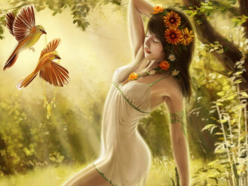 woman with birds in forest