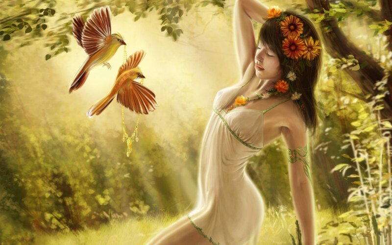 woman with birds in forest