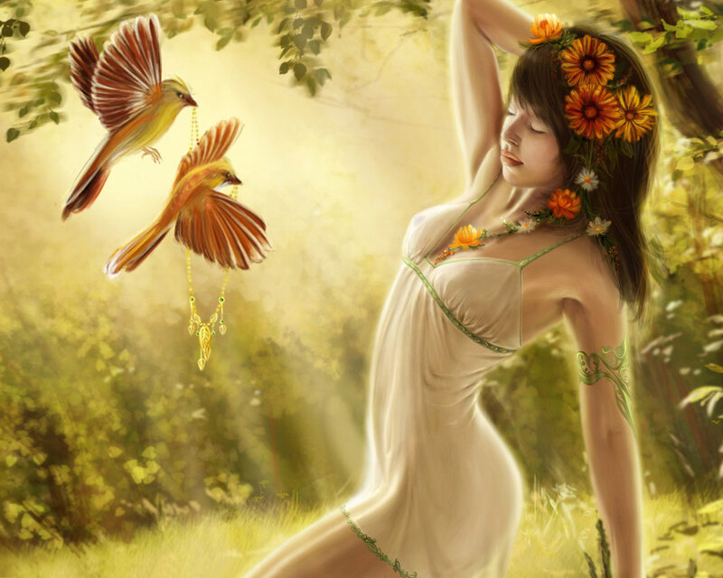 woman with birds in forest