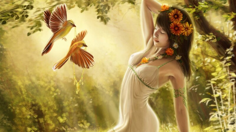 woman with birds in forest