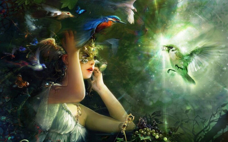 woman with birds in forest