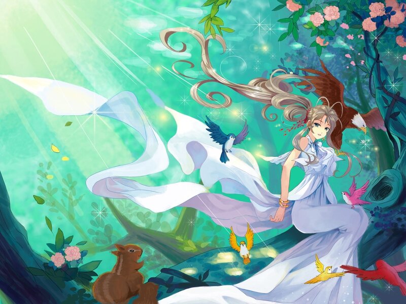 Woman with Birds in Forest — Green, Serene, Morning