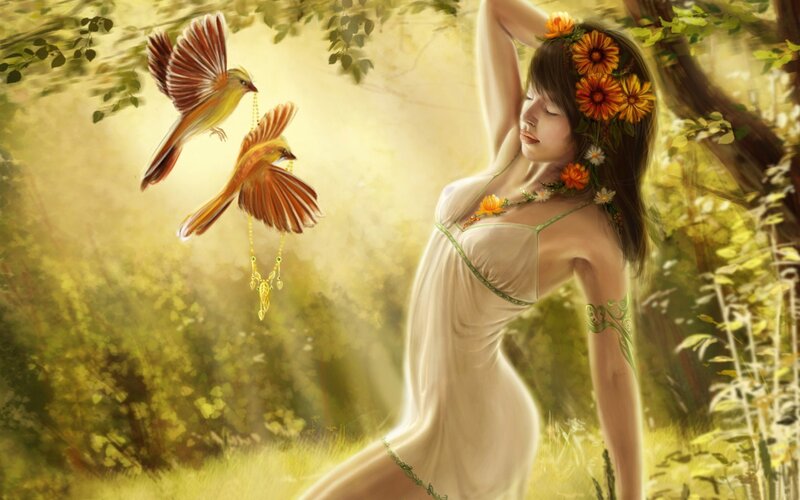 Woman with Birds in Forest — Green
