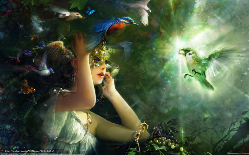 woman with birds in forest